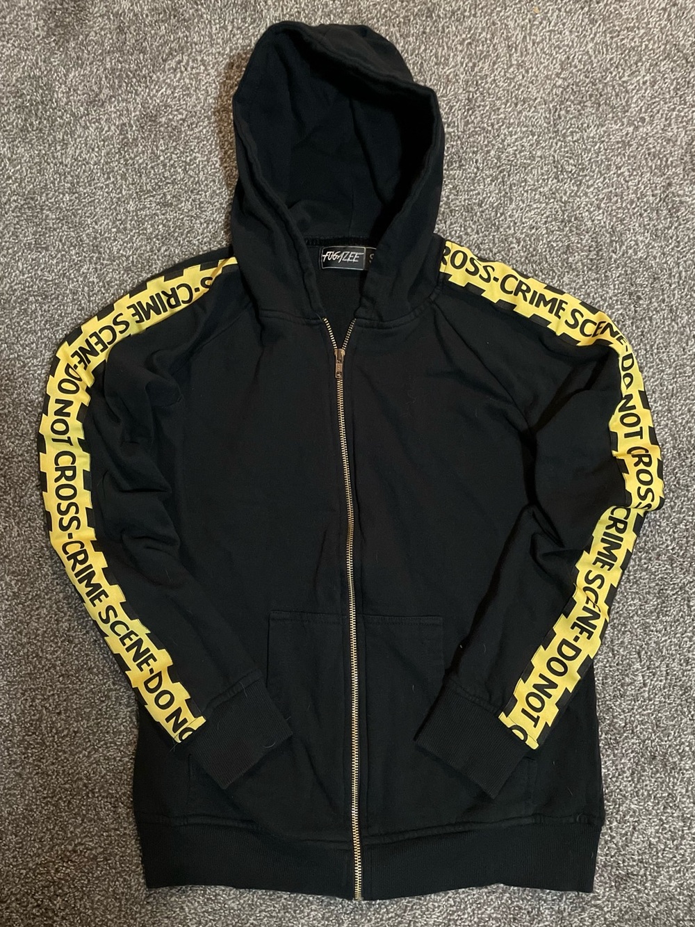 Men's Black Zip Hoodie with Yellow 'Crime Scene' Sleeve Tape
